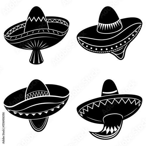 Four black and white stylized sombrero hats with varying brim and crown designs arranged on white background