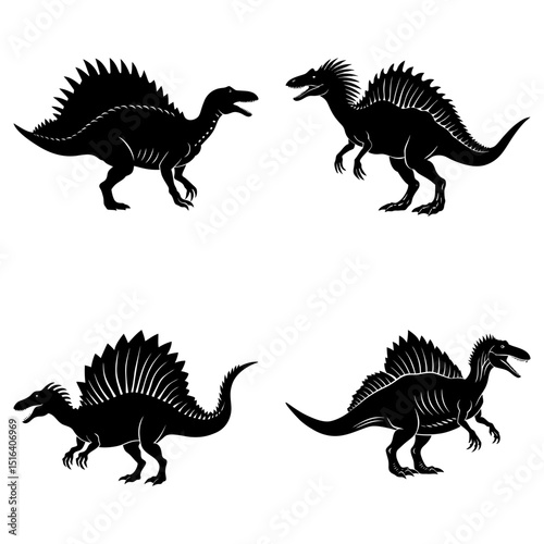 Four spinosaurus dinosaurs in black silhouette with distinct back fins on a white background display
