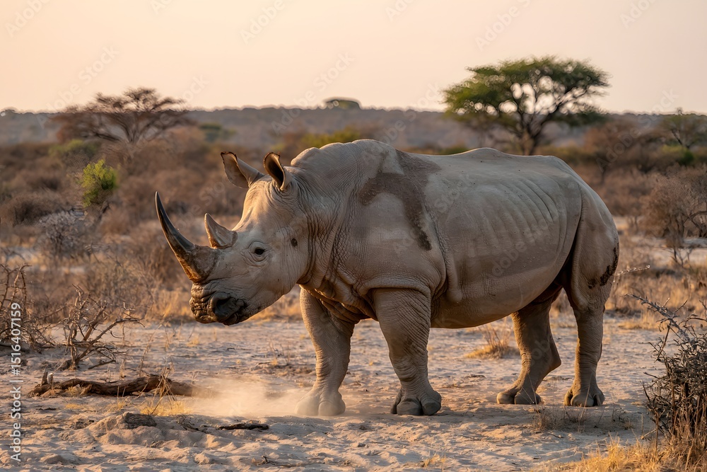 Obraz premium White rhinoceros walking in african savanna at sunset