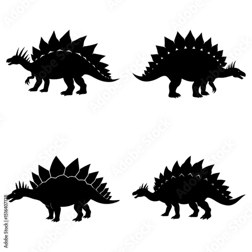 Four stegosaurus dinosaurs in silhouette with plates along their backs and spiky tails displayed