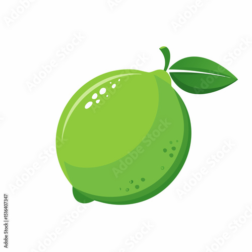 Flat design illustration of a single lime with soft reflection and leaf detail, placed over a white background with space for text.