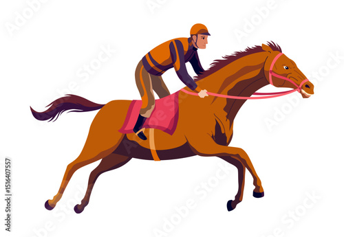 Jockey riding racehorse on a fast speed, flat style vector illustration. Horse racing tournament