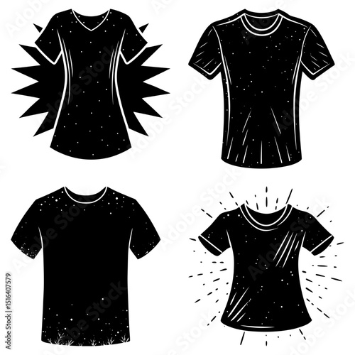 Collection of four black and white shirts with different styles and designs on a white background