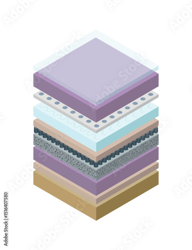 Layered orthopedic mattress icon. Isometric bed section layers. Fabric breathable material, structure for correct sleeping position. Soft filler, comfort synthetic fiber