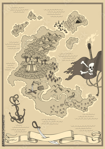 Old antique treasure map. Cartoon island map template for next level game - adventures quest or treasure hunt. Pirate grunge map. Hand drawn vintage vector illustration