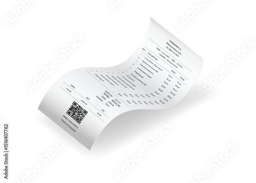 Payment check or receipts with shadow. Curved financial paper, purchase invoice. Buying, bill or calculate pay. Receipt the seller form
