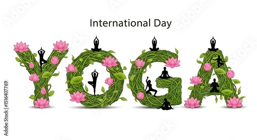 Floral Yoga Day Graphic: Silhouetted Figures Doing Poses Inside Lush Vine Letters Adorned with Pink Lotus Flowers for International Celebrations