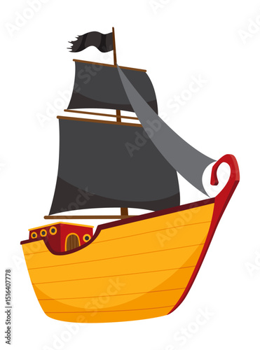 Stylized cartoon pirate ship illustration with black sails. Cute vector icon. Pirate Ship sailing on water