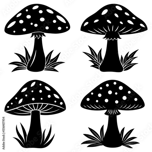 Four black and white mushroom illustrations with spotted caps and grass surrounding the stems design