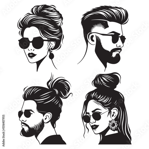 Stylish male and female faces in sunglasses, presented in a striking silhouette style. silhouette