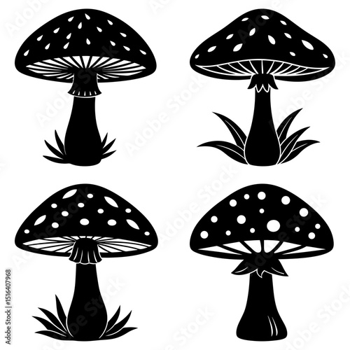 Four black and white graphic mushrooms with spotted caps and gills on a white background illustration