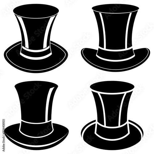 Four black top hats with white bands arranged in a square pattern on a white background image view