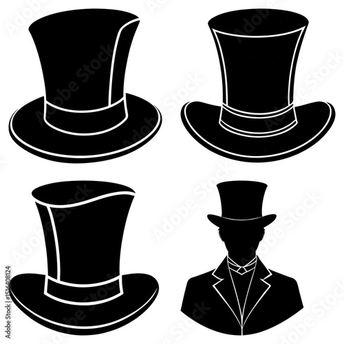 Collection of black top hats in various styles and a silhouette of a man in a suit and top hat