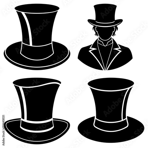Silhouette illustration of a man in a suit and four top hats in a vector graphic design element