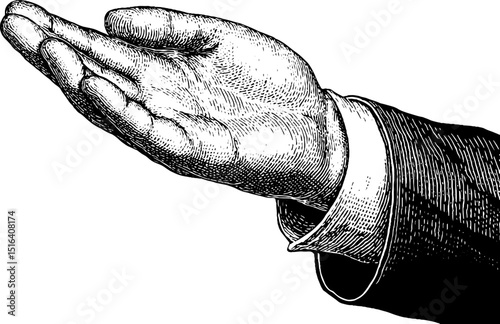 Engraved vintage illustration of concierge hand gesture. Bold black line art depicting hospitality, service, and formal welcome.
