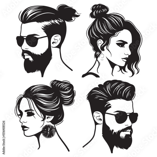 Stylish male and female faces in sunglasses, presented in a striking silhouette style. silhouette