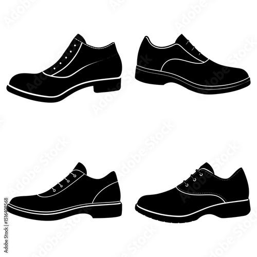 Four different styles of black dress shoes displayed in a symmetrical arrangement on a white background
