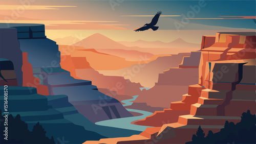 Grand canyon landscape illustration with eagle flying scenery