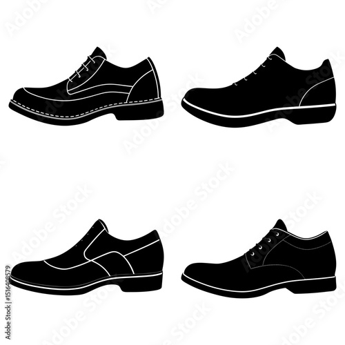 Silhouette illustration showcasing four distinct styles of men's formal and casual shoes in black
