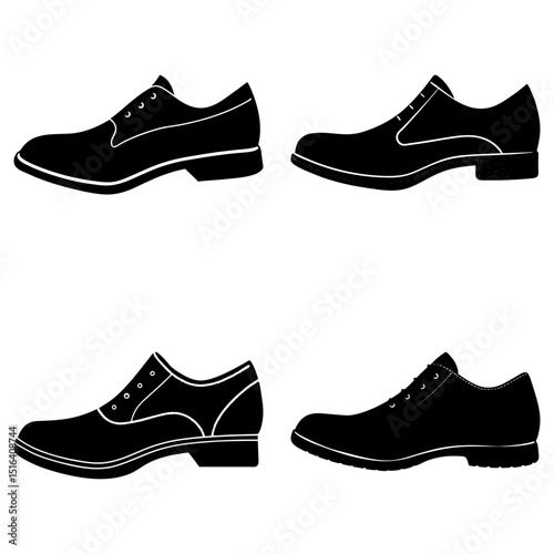 Four silhouettes of men's dress shoes in black and white displayed in a square arrangement image