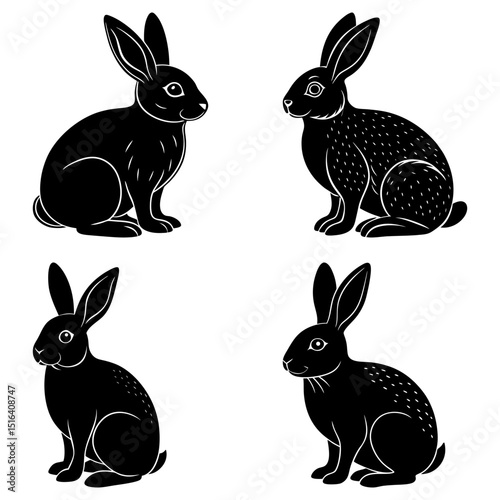 Four black silhouette rabbits in varying poses against a white background in a symmetrical arrangement