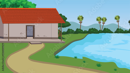 Rural Village House Near River with Red Tiled Roof, Nature Trees, Pathway, Countryside Landscape, Palm Trees, Flat Vector Background, Indian Farming Scene, Traditional Home, Cartoon Village drawing