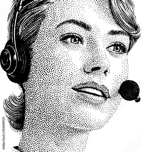 Engraved illustration of female customer service representative with headset