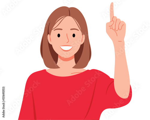 Happy Woman Pointing Upward with a Smile Celebrating a Creative Solution and Inspiration