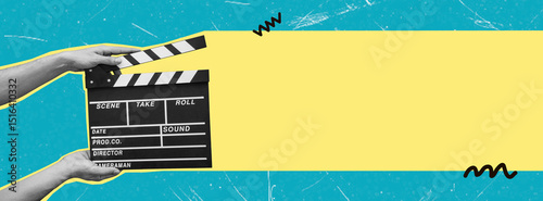 Movie clapboard used in production during a colorful and creative filming session in a studio setting, art collage.