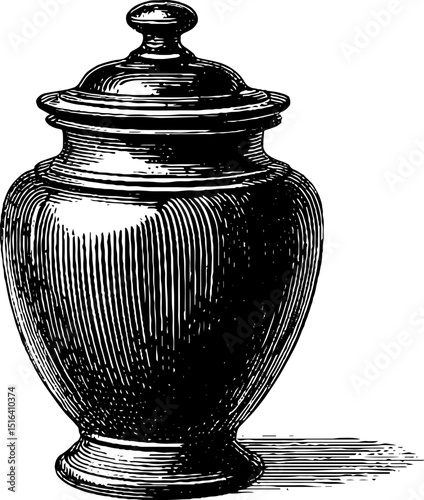 Engraved illustration of a vintage dried herb jar with lid for herbal apothecary design