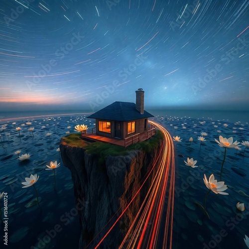 Secluded Lakeside Cabin Under Starry Sky.