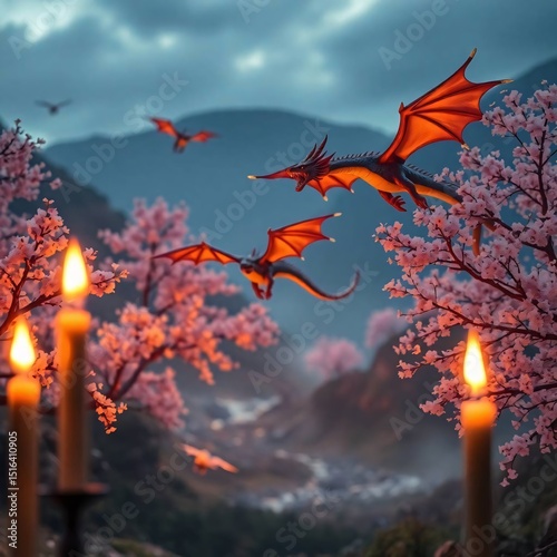 Dragons Flying Over Cherry Blossoms at Dusk