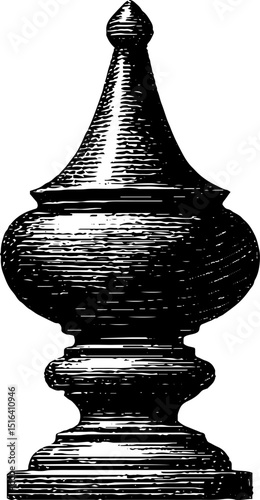 Engraved finial design with bold black lines for architectural detailing
