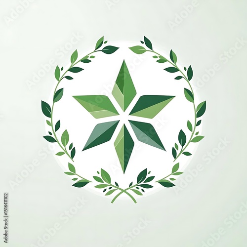 A symbolic star design featuring gray to green gradient tones, encircled by intricate leaf patterns around the edges. A minimal and elegant composition with a natural and harmonious feel