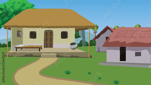 Traditional Indian Village with Thatched Roof Hut, Mud House, Charpai, Trees, Countryside Path, Rural Home Scene, Farming Area, Palm Background, Native Lifestyle, Cartoon Style Illustration, Flat Vect