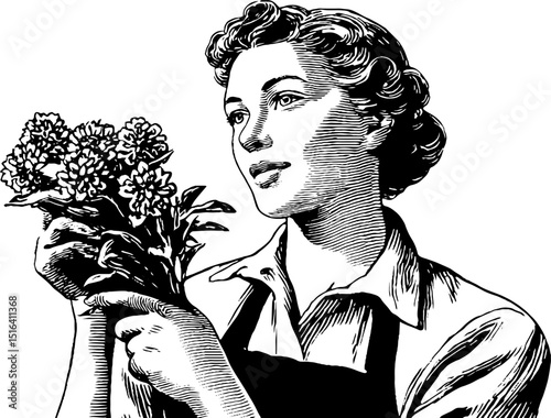 Engraved vintage illustration of a flower shop attendant carefully arranging a bouquet, capturing the delicate beauty and elegance of floral artistry.