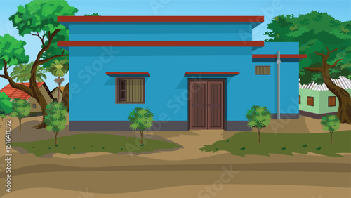 Modern Blue House in Indian Village with Tin Roof Homes, Trees, Dirt Road, Countryside Scene, Tropical Rural Architecture, Cartoon Background, Flat Design, Farming Landscape, Traditional Village Art

