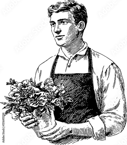Engraved illustration of flower shop attendant holding bouquet for botanical design
