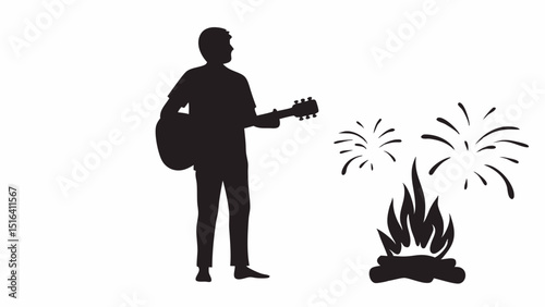 Silhouette of man playing guitar by campfire under fireworks vector illustration graphic design image