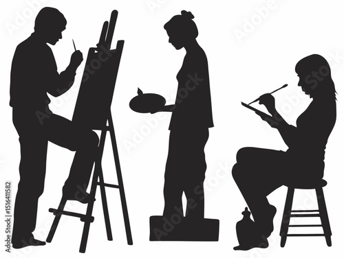 Artistic silhouettes of painters painting on canvas and sketchpad in an art studio setting with easels