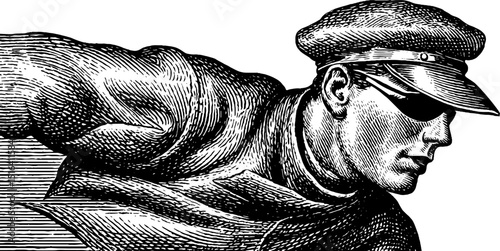 Vintage engraving of a food delivery person in motion