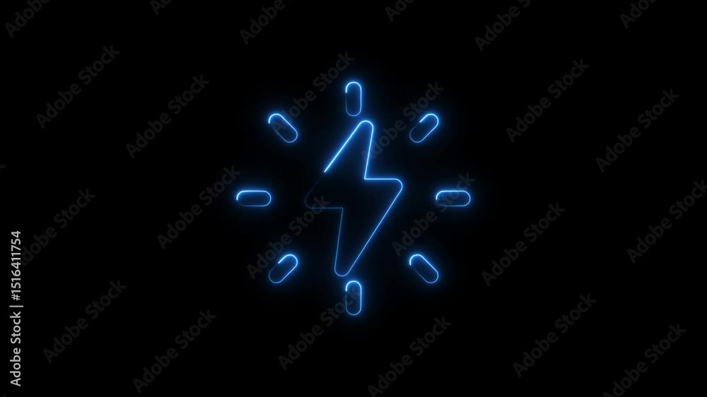 Glowing neon blue lightning bolt energy symbol on dark background loop Glowing neon blue lightning bolt energy symbol on dark background loop
