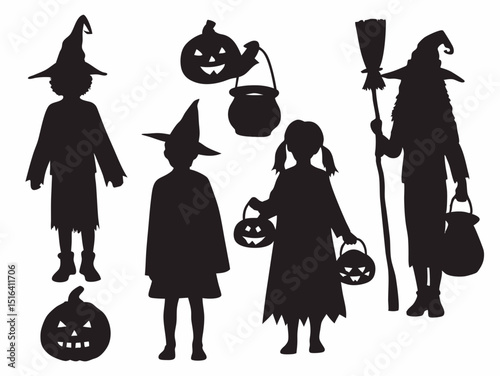 Silhouette halloween witches trick or treating with pumpkins and cauldron vector illustration image