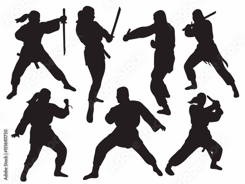 Ninja warrior silhouettes martial arts training vector illustration action poses with swords and fighting stance