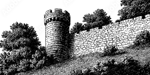 Historic fortress wall engraving with tower and trees - classic architectural art design