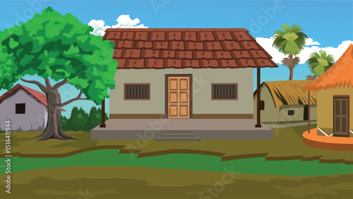 Traditional Indian Village Scene with Tiled Roof House, Mud Hut, Thatched Home, Palm Trees, Rural Background, Native Lifestyle, Flat Cartoon Illustration, Countryside Architecture, Farming Area Art

