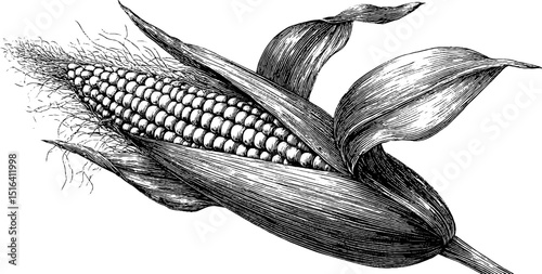 Intricate engraving of fresh corn with detailed lines and textures