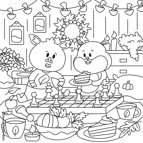 Cozy coloring page with cute pig and hamster playing chess inside cottage