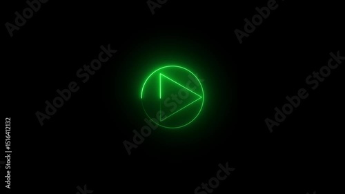 Neon glowing Video green color circle play button icon digital screen animation. Press to play  Start or play button sign video. Video Play button icon for mobile design animation on black background.