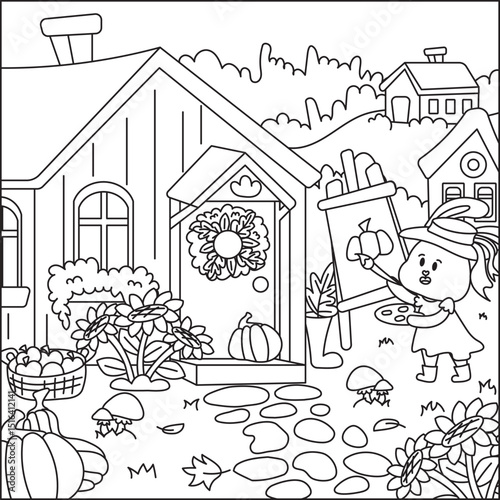 Cozy coloring page with cute bunny painting the picture near cottage